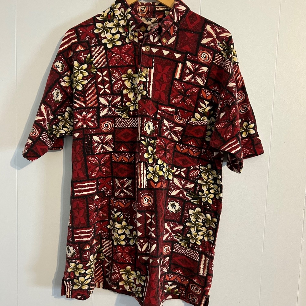 County Seat‎ Mens Small Red Patchwork Tropical Floral Cotton Short Sleeve Shirt